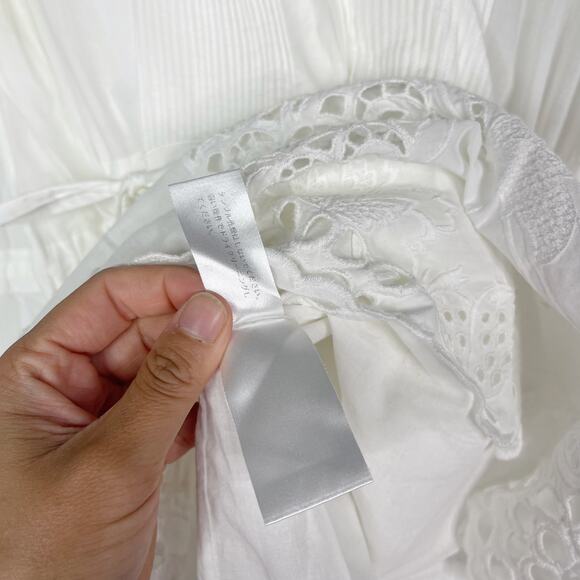 Chloe Small White Pineapple Broderie Anglaise Dress Long Sleeve Tie Waist Eyelet - Picture 13 of 16